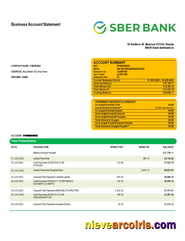 Sberbank Bank enterprise checking account statement